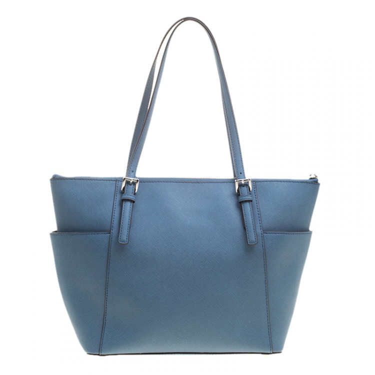 Pre Owned Michael Michael Kors Blue Saffiano Leather Jet Set Top Zip Tote
