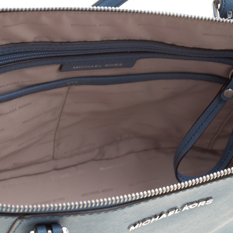 Pre Owned Michael Michael Kors Blue Saffiano Leather Jet Set Top Zip Tote