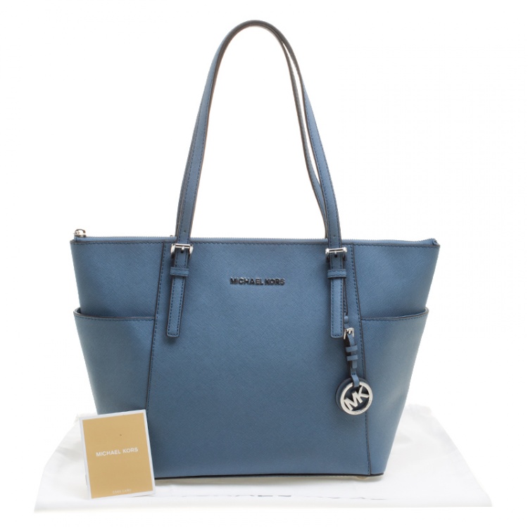 Pre Owned Michael Michael Kors Blue Saffiano Leather Jet Set Top Zip Tote
