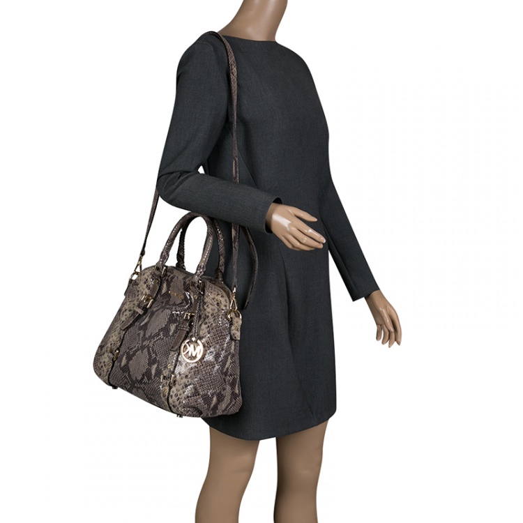 Pre Owned Michael Michael Kors Cream/Grey Python Embossed Leather Satchel with Wallet