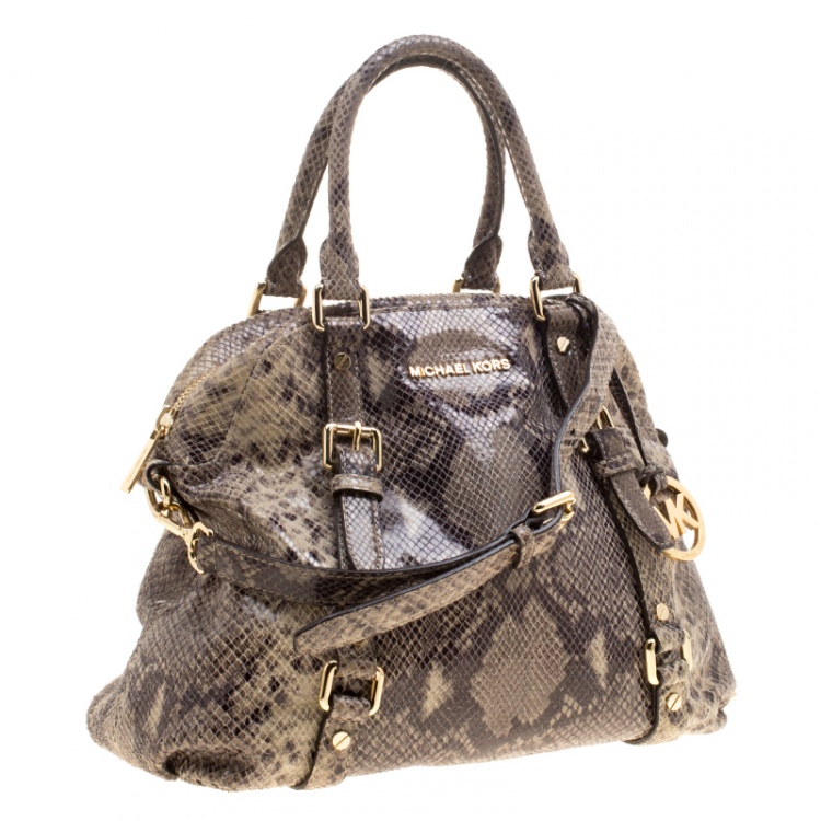 Pre Owned Michael Michael Kors Cream/Grey Python Embossed Leather Satchel with Wallet