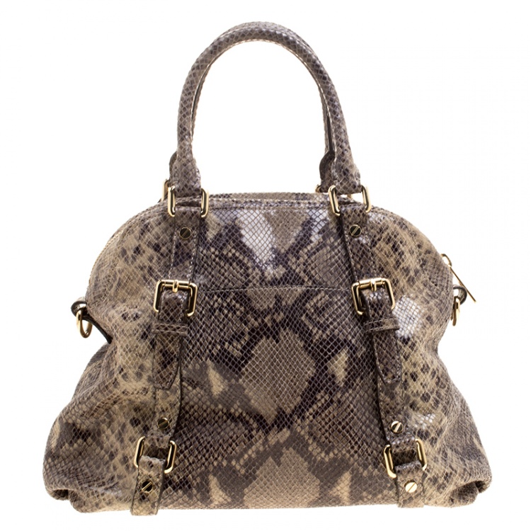 Pre Owned Michael Michael Kors Cream/Grey Python Embossed Leather Satchel with Wallet