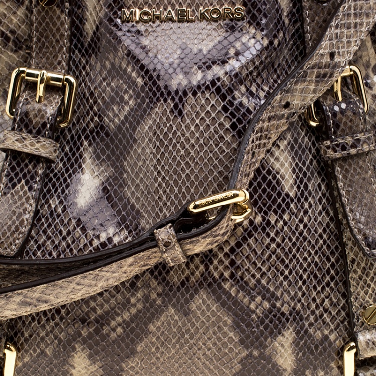 Pre Owned Michael Michael Kors Cream/Grey Python Embossed Leather Satchel with Wallet