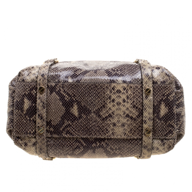 Pre Owned Michael Michael Kors Cream/Grey Python Embossed Leather Satchel with Wallet