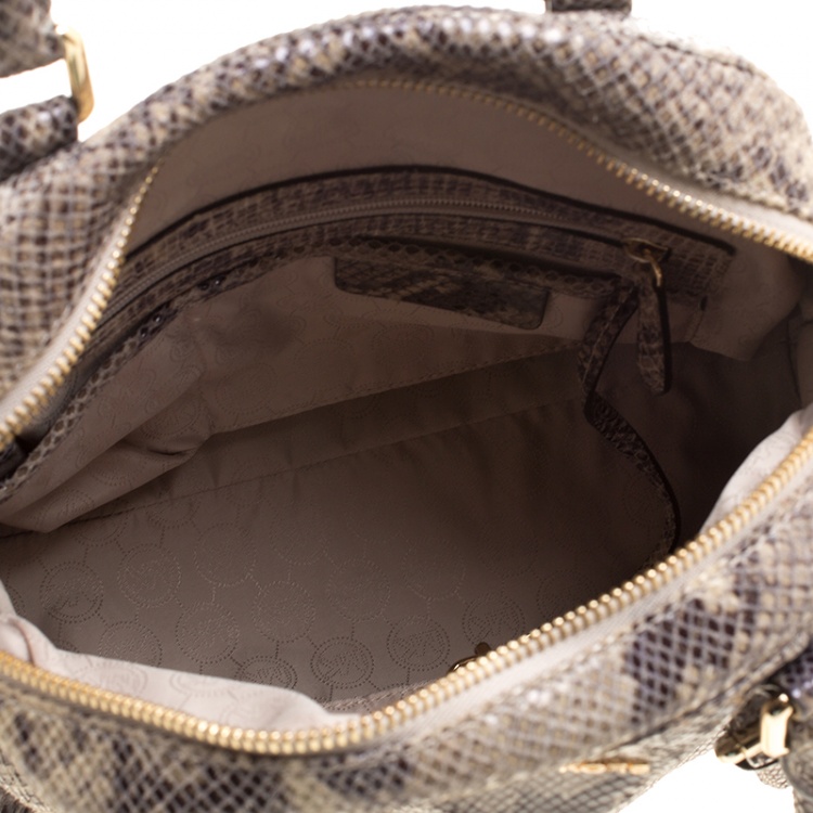 Pre Owned Michael Michael Kors Cream/Grey Python Embossed Leather Satchel with Wallet