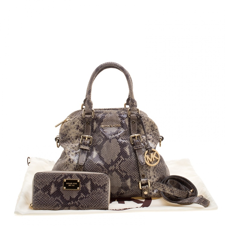 Pre Owned Michael Michael Kors Cream/Grey Python Embossed Leather Satchel with Wallet