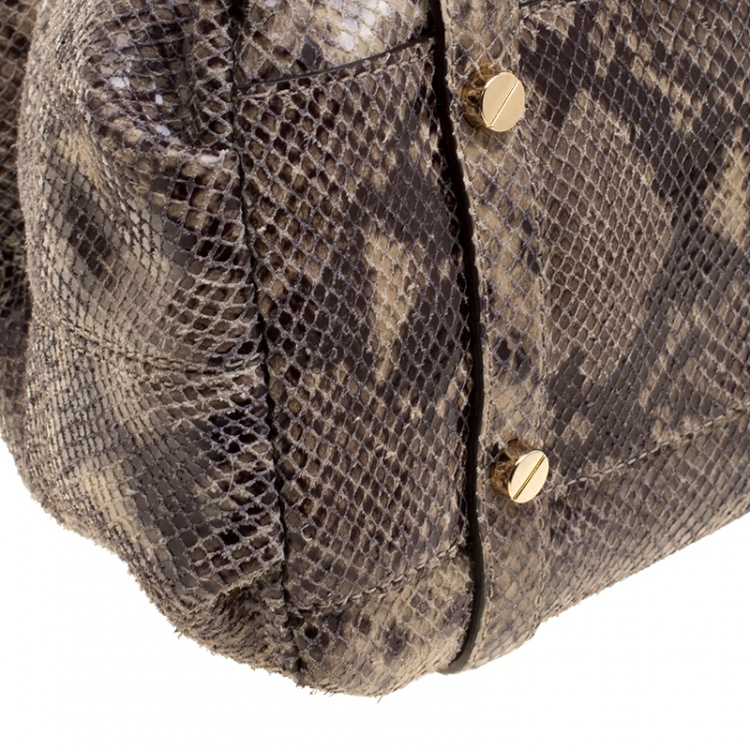 Pre Owned Michael Michael Kors Cream/Grey Python Embossed Leather Satchel with Wallet