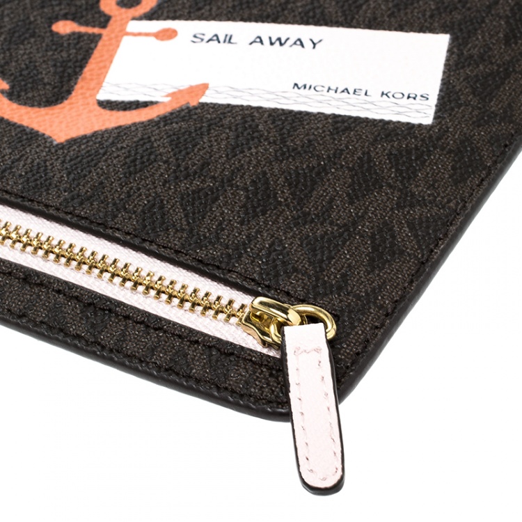 Pre Owned MICHAEL Michael Kors Brown Signature Coated Canvas Large Sail Away Travel Wristlet 