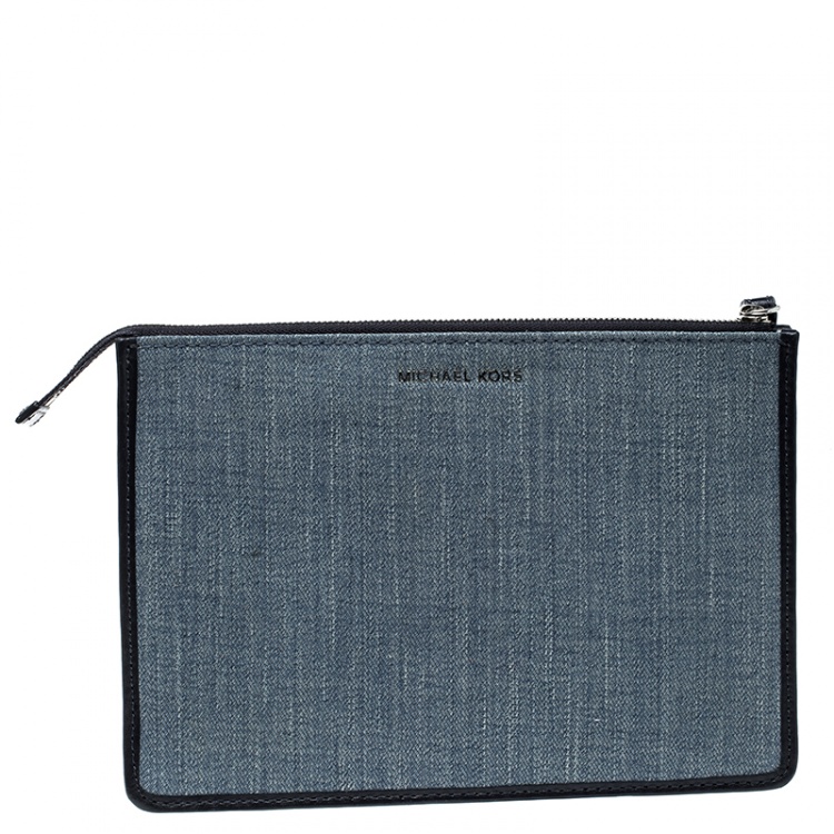 Pre Owned Michael Michael Kors Blue Denim and Leather Medium Cooper Wristlet 