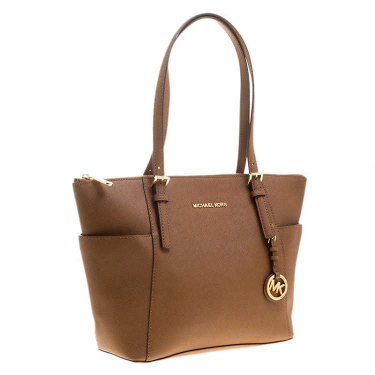 Pre Owned Michael Michael Kors Brown Saffiano Leather Top-zip Jet Set Tote