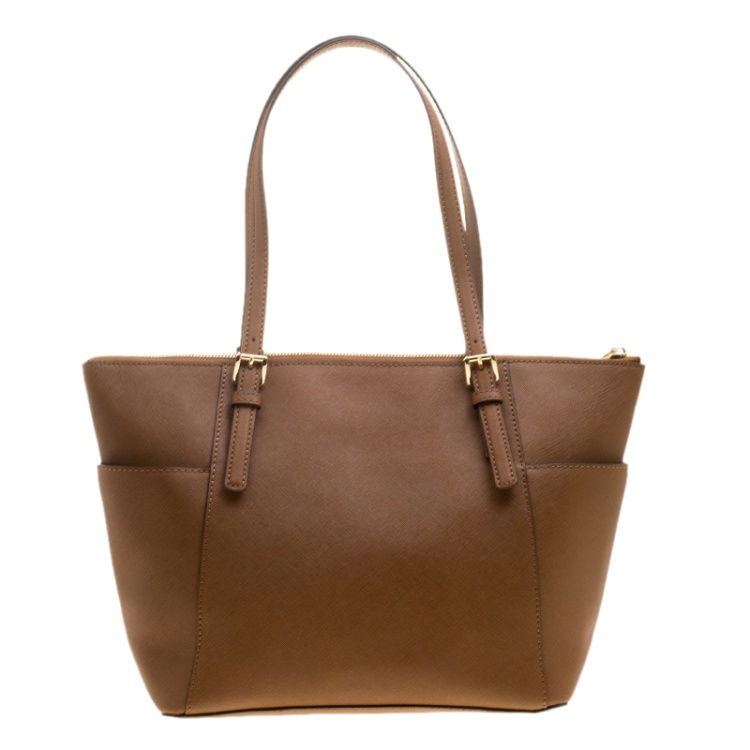 Pre Owned Michael Michael Kors Brown Saffiano Leather Top-zip Jet Set Tote