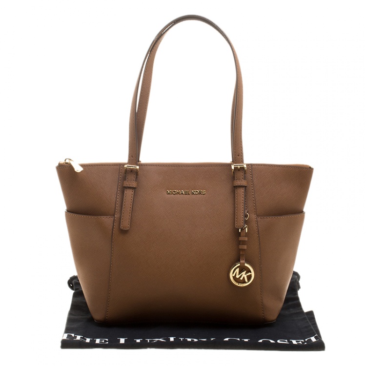 Pre Owned Michael Michael Kors Brown Saffiano Leather Top-zip Jet Set Tote