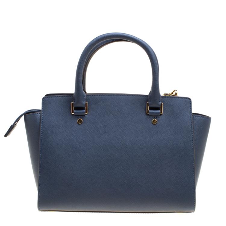 Pre Owned Michael Michael Kors Navy Blue Leather  Medium Selma Top Zip Satchel 