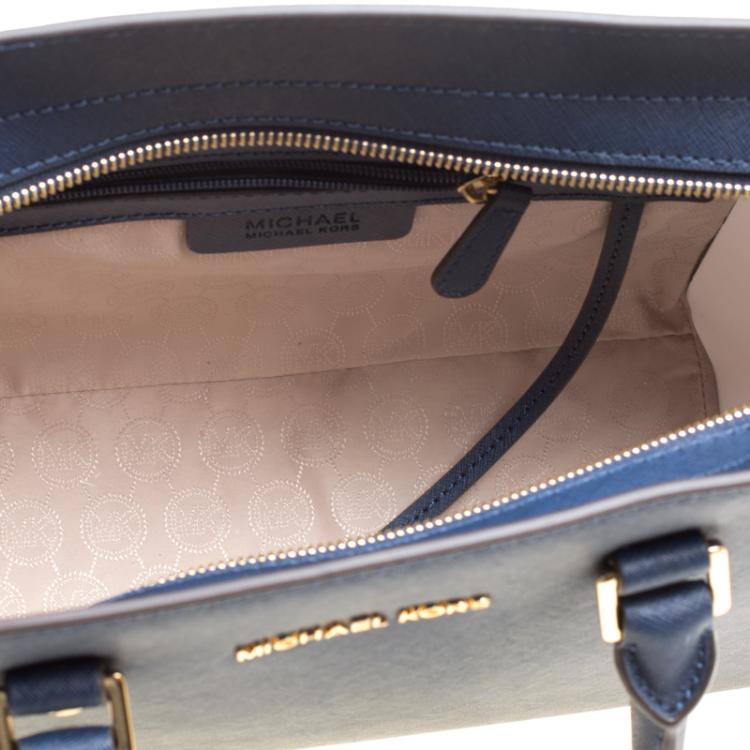 Pre Owned Michael Michael Kors Navy Blue Leather  Medium Selma Top Zip Satchel 