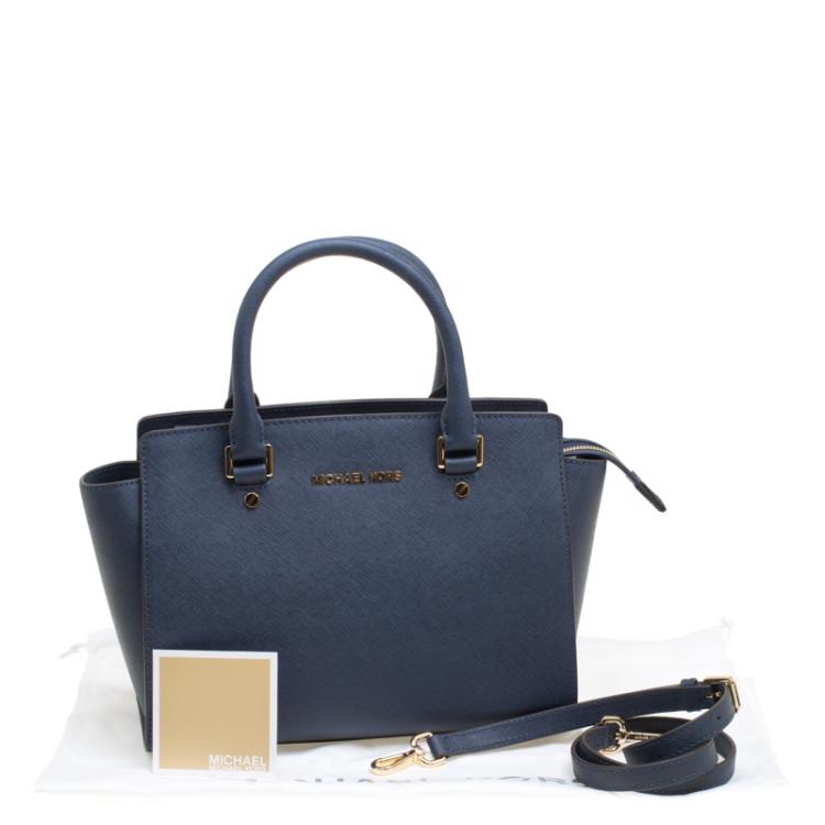 Pre Owned Michael Michael Kors Navy Blue Leather  Medium Selma Top Zip Satchel 