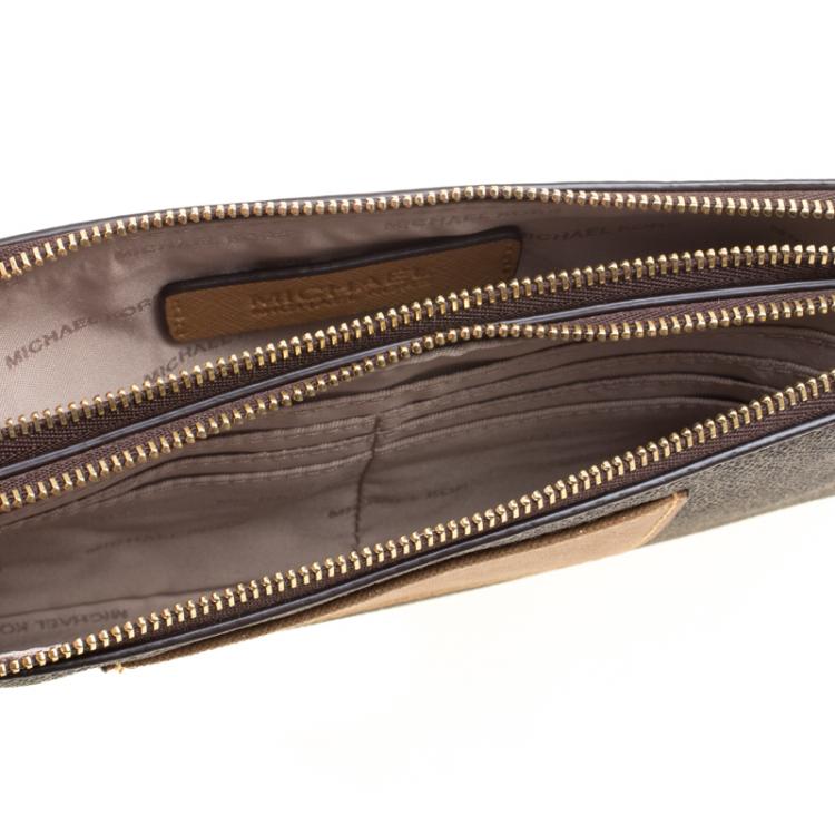 Pre Owned Michael Michael Kors Brown/Beige Signature Coated Canvas and Leather Large Bedford Double Zip Wristlet