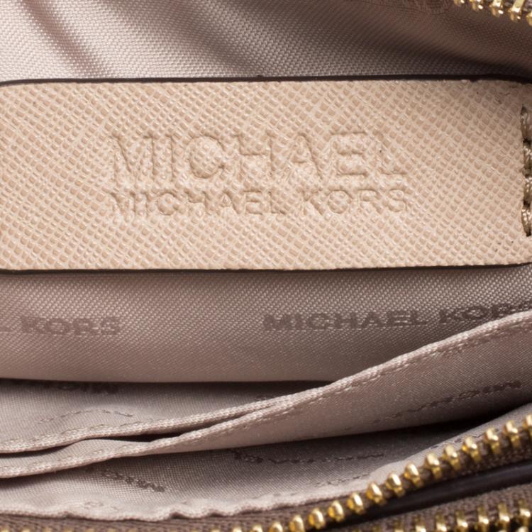 Pre Owned Michael Michael Kors Khaki/ Light Beige Signature Coated Canvas and Leather Large Bedford Double Zip Wristlet