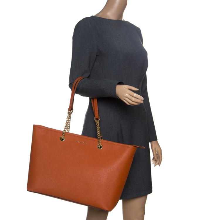 Pre Owned Michael Michael Kors Orange Leather Medium Jet Set Travel Chain Tote