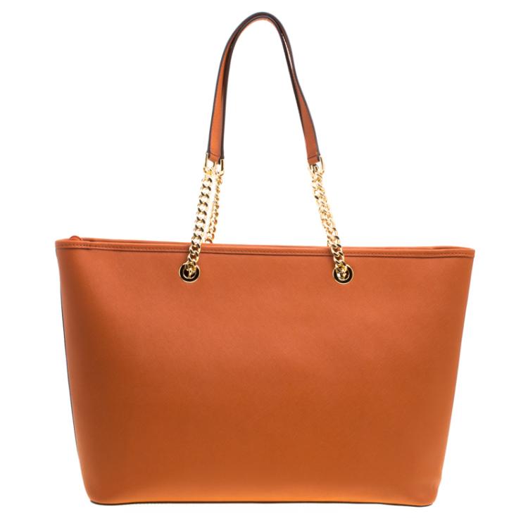 Pre Owned Michael Michael Kors Orange Leather Medium Jet Set Travel Chain Tote
