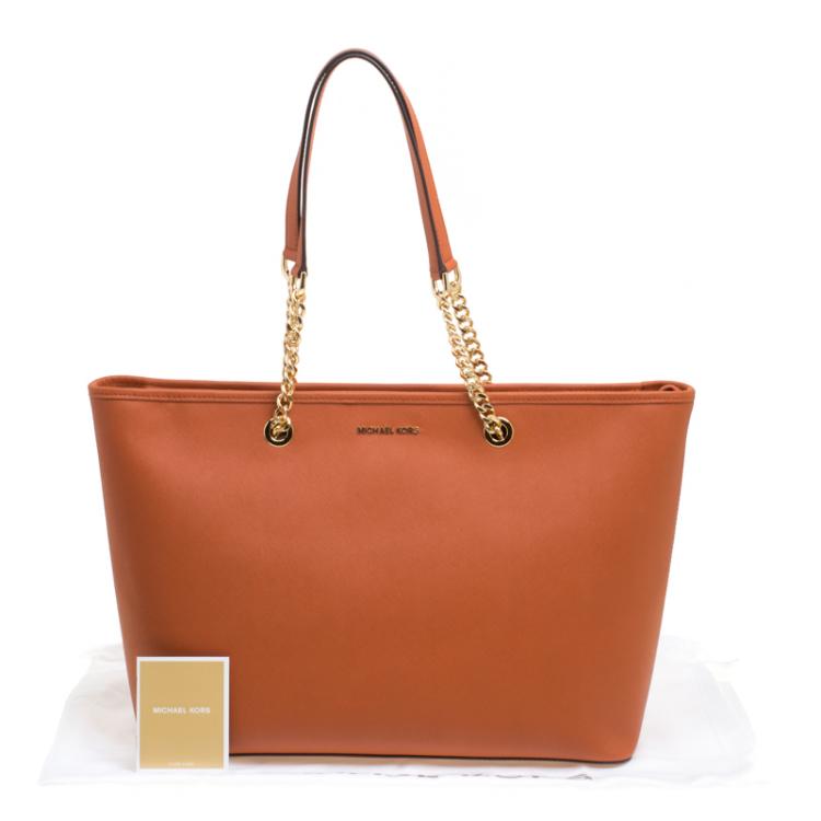 Pre Owned Michael Michael Kors Orange Leather Medium Jet Set Travel Chain Tote