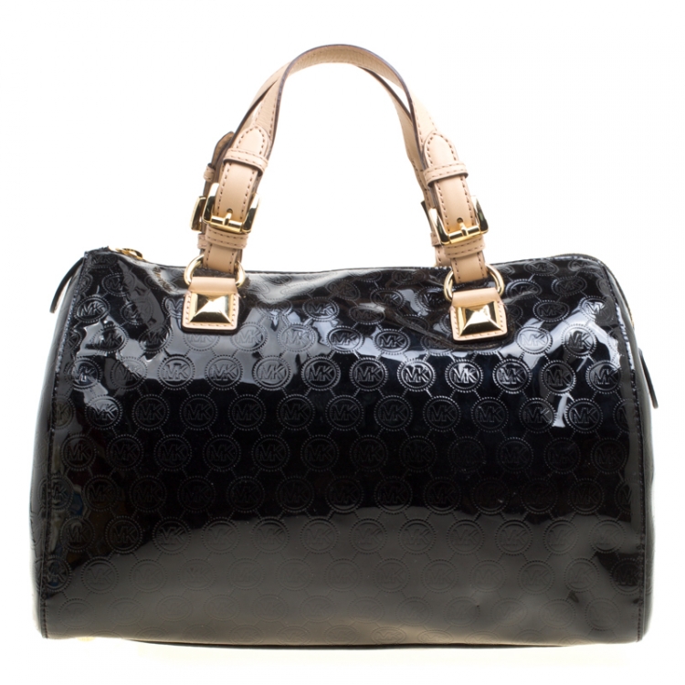 Pre Owned Michael Michael Kors Metallic Black Mirror Signature Leather Large Grayson Satchel 