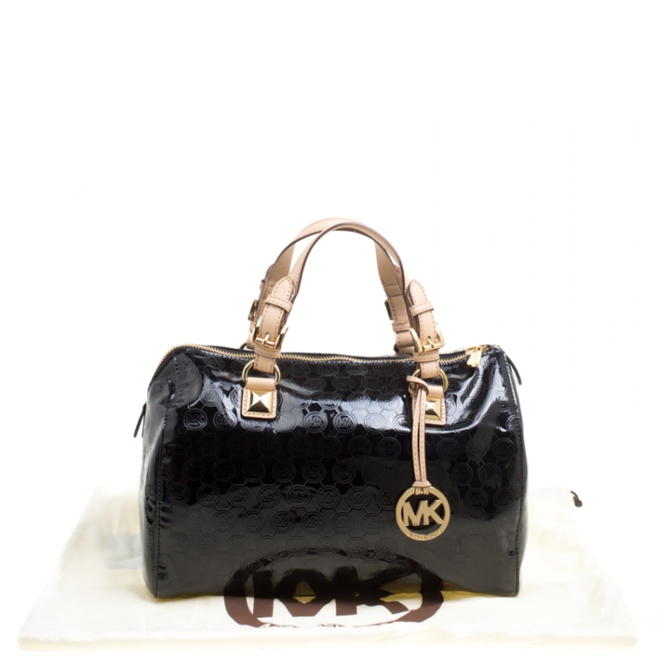 Pre Owned Michael Michael Kors Metallic Black Mirror Signature Leather Large Grayson Satchel 