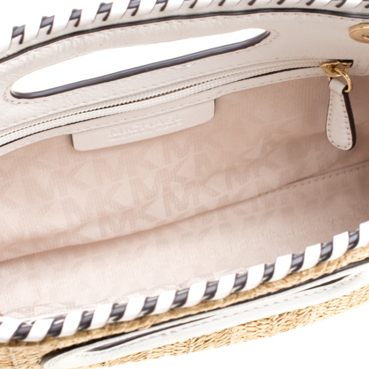 Pre Owned Michael Michael Kors Beige/White Woven Straw and Leather Rosalie Shoulder Bag