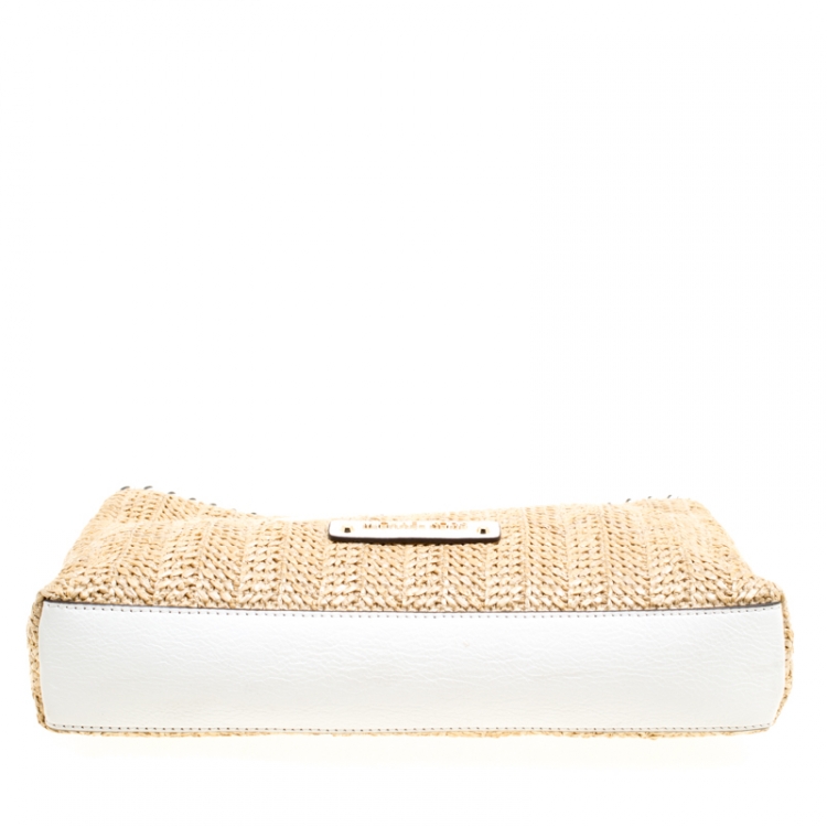 Pre Owned Michael Michael Kors Beige/White Woven Straw and Leather Rosalie Shoulder Bag