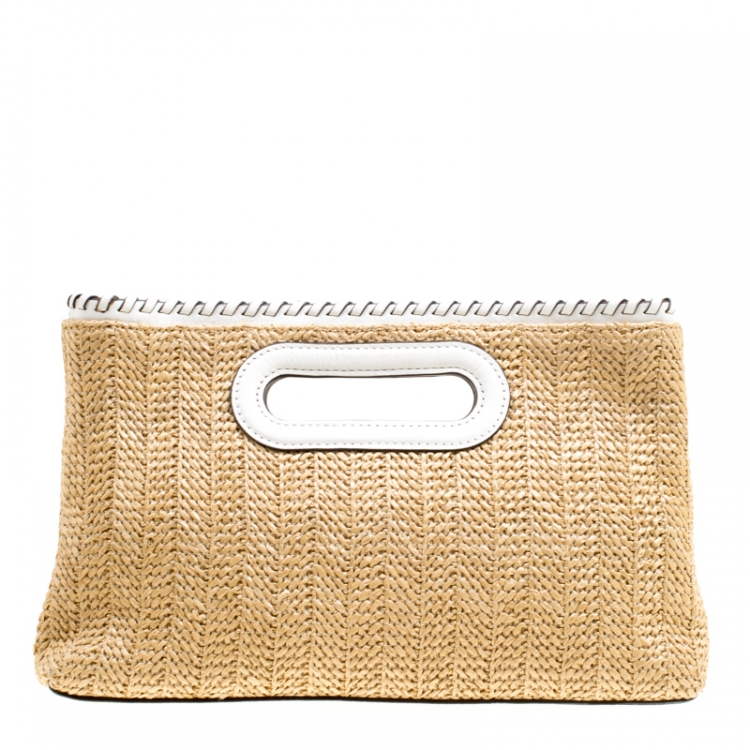 Pre Owned Michael Michael Kors Beige/White Woven Straw and Leather Rosalie Shoulder Bag