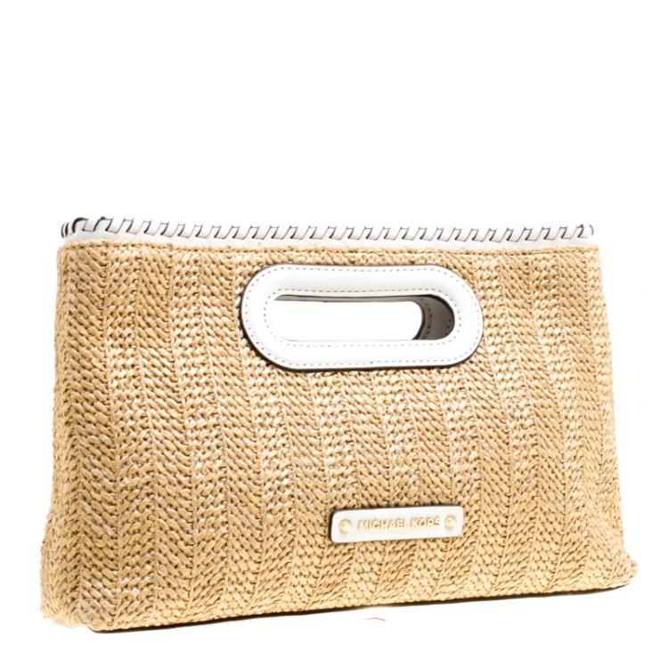 Pre Owned Michael Michael Kors Beige/White Woven Straw and Leather Rosalie Shoulder Bag