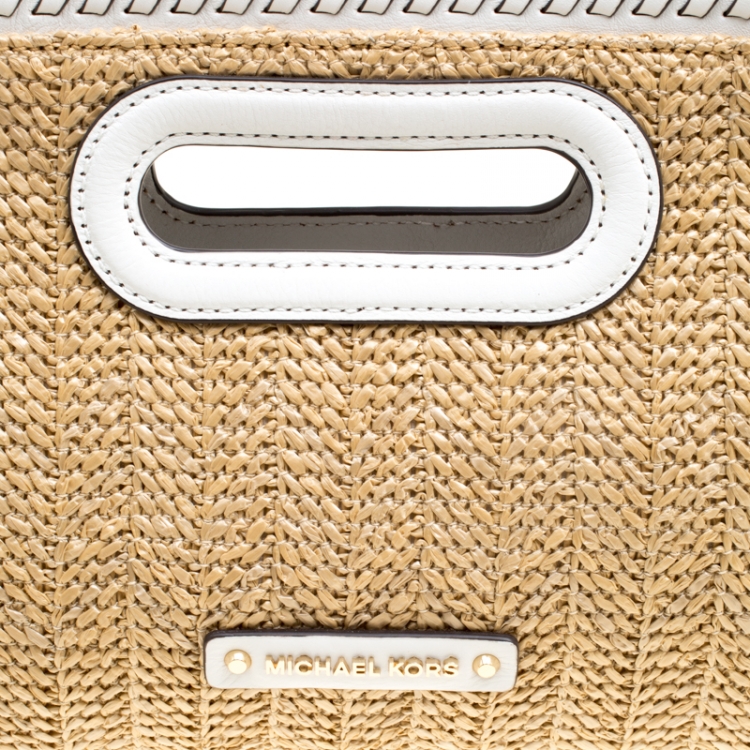 Pre Owned Michael Michael Kors Beige/White Woven Straw and Leather Rosalie Shoulder Bag
