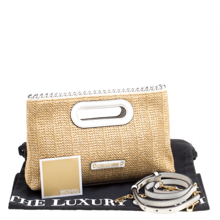 Pre Owned Michael Michael Kors Beige/White Woven Straw and Leather Rosalie Shoulder Bag