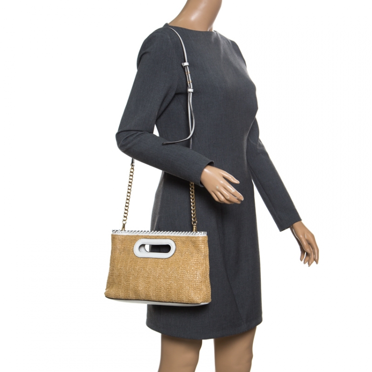 Pre Owned Michael Michael Kors Beige/White Woven Straw and Leather Rosalie Shoulder Bag