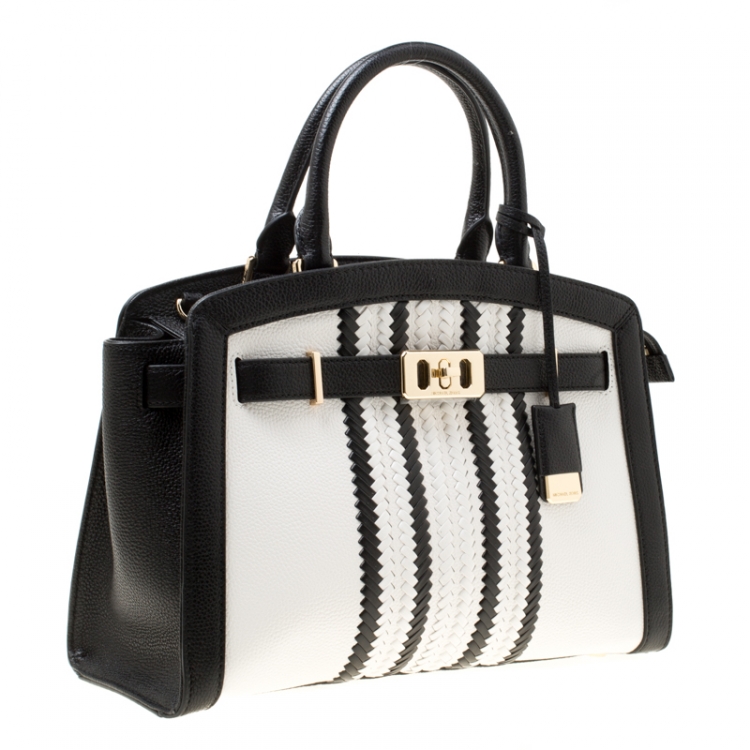 Pre Owned Michael Michael Kors White/Black Leather Large Karson Satchel
