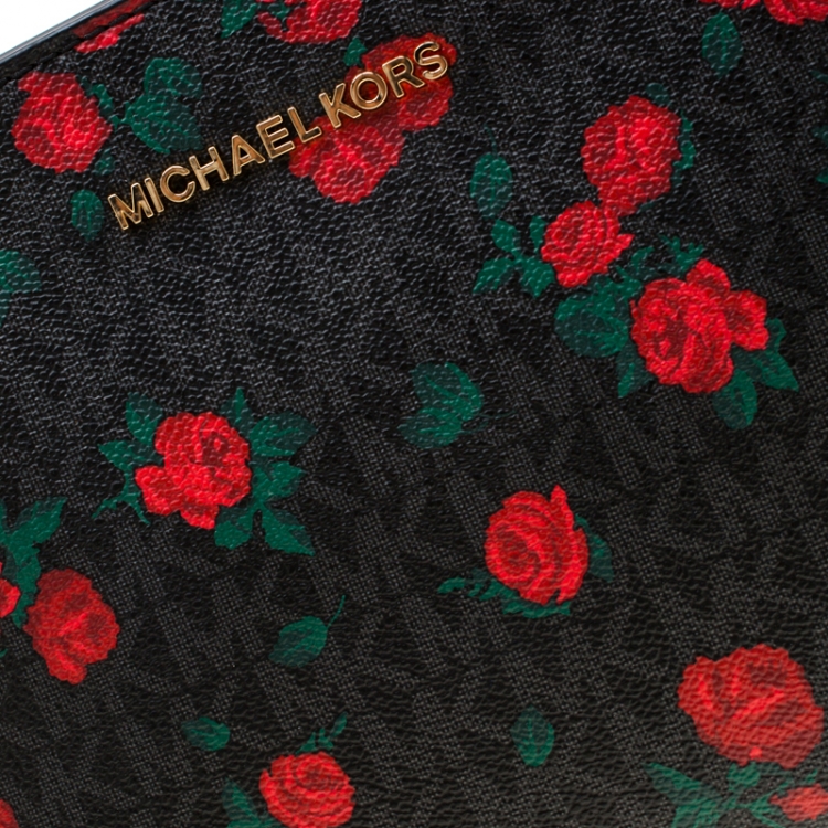 Pre Owned MICHAEL Michael Kors Black/Red MK Rose Leather Medium Selma Tote