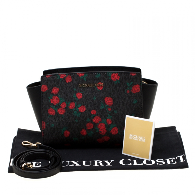 Pre Owned MICHAEL Michael Kors Black/Red Rose Printed Signature Leather Medium Selma Crossbody Bag 