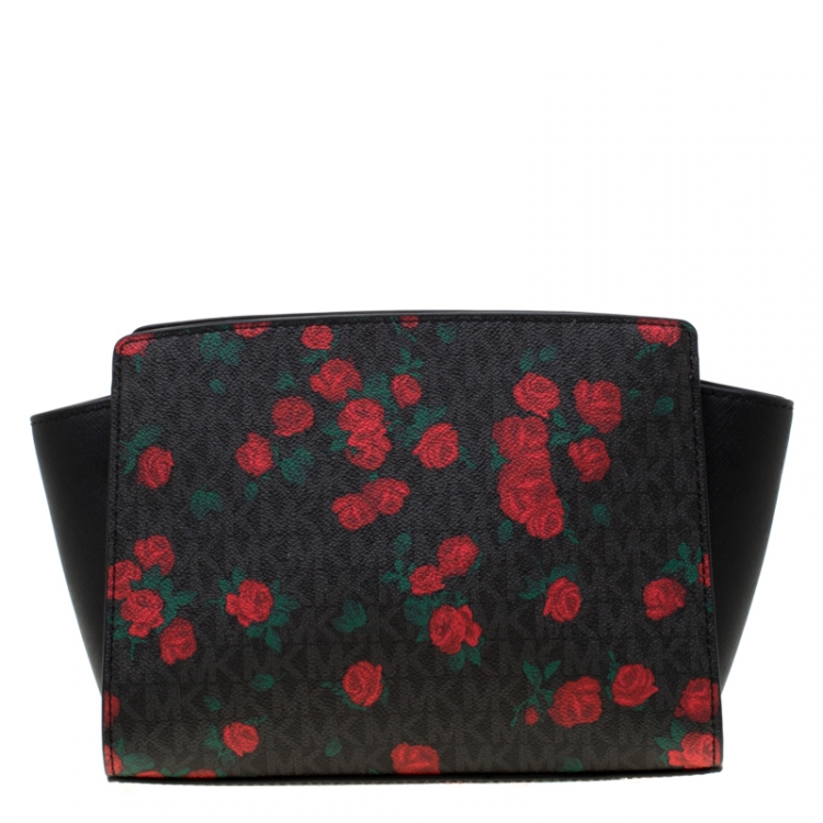 Pre Owned MICHAEL Michael Kors Black/Red Rose Printed Signature Leather Medium Selma Crossbody Bag 