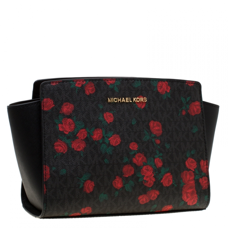 Pre Owned MICHAEL Michael Kors Black/Red Rose Printed Signature Leather Medium Selma Crossbody Bag 