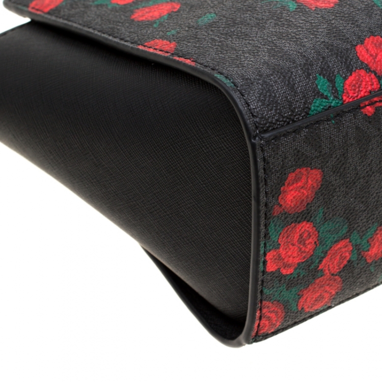Pre Owned MICHAEL Michael Kors Black/Red Rose Printed Signature Leather Medium Selma Crossbody Bag 