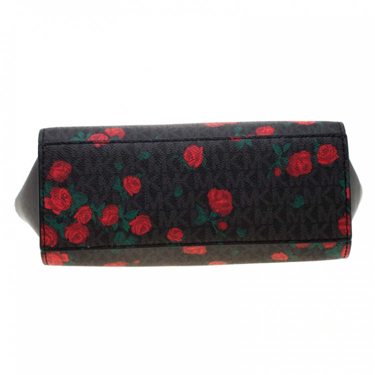 Pre Owned MICHAEL Michael Kors Black/Red Rose Printed Signature Leather Medium Selma Crossbody Bag 