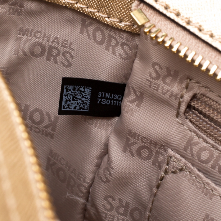 Pre Owned MICHAEL Michael Kors Gold/White Signature Coated Canvas and Leather Tina TZ Tote