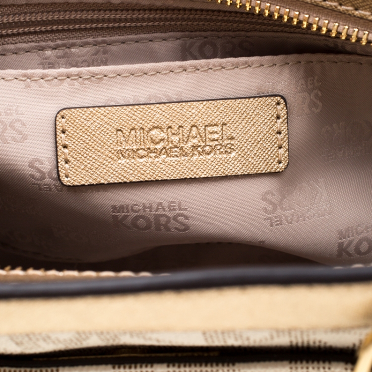Pre Owned MICHAEL Michael Kors Gold/White Signature Coated Canvas and Leather Tina TZ Tote