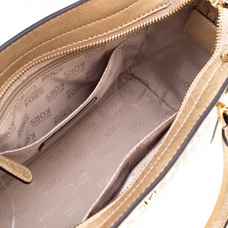 Pre Owned MICHAEL Michael Kors Gold/White Signature Coated Canvas and Leather Tina TZ Tote