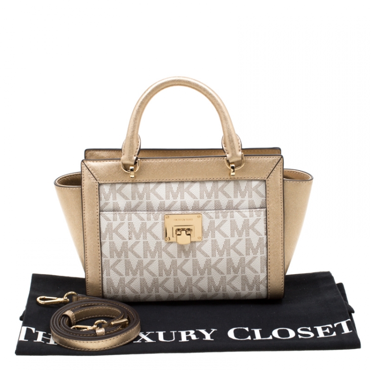 Pre Owned MICHAEL Michael Kors Gold/White Signature Coated Canvas and Leather Tina TZ Tote