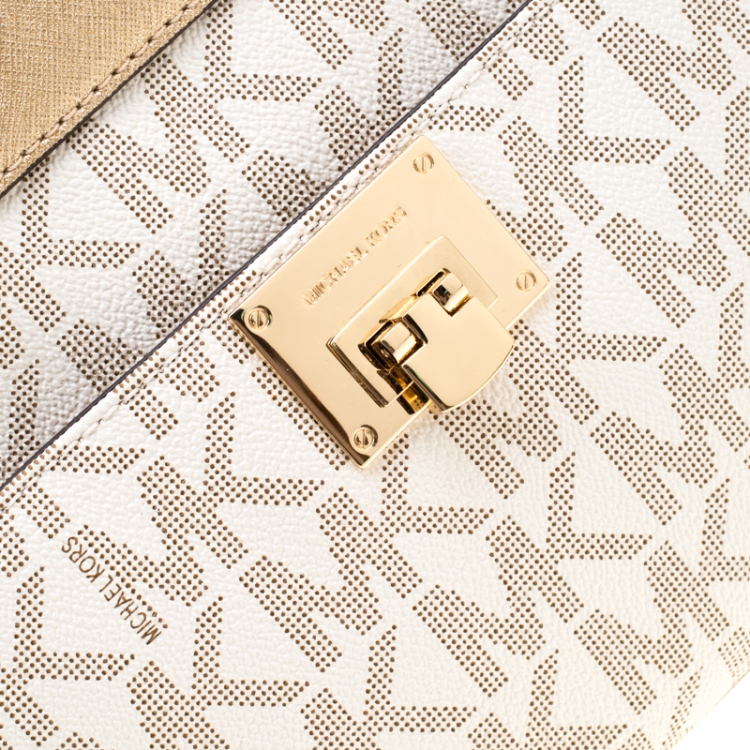 Pre Owned MICHAEL Michael Kors Gold/White Signature Coated Canvas and Leather Tina TZ Tote