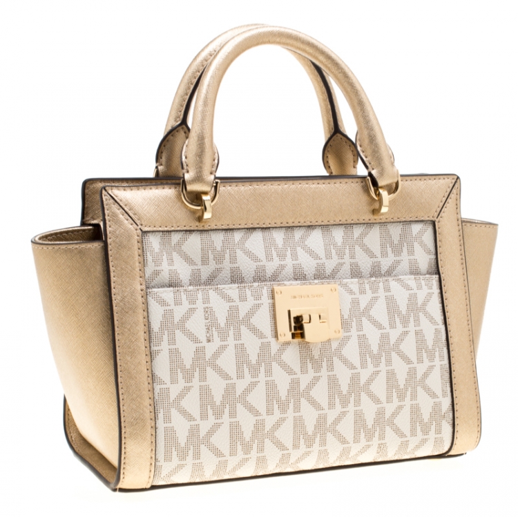 Pre Owned MICHAEL Michael Kors Gold/White Signature Coated Canvas and Leather Tina TZ Tote
