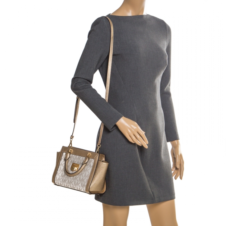 Pre Owned MICHAEL Michael Kors Gold/White Signature Coated Canvas and Leather Tina TZ Tote
