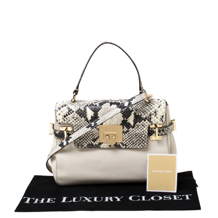 Pre Owned Micheal Kors Cream Python Embossed Leather Astrid Top Handle Bag