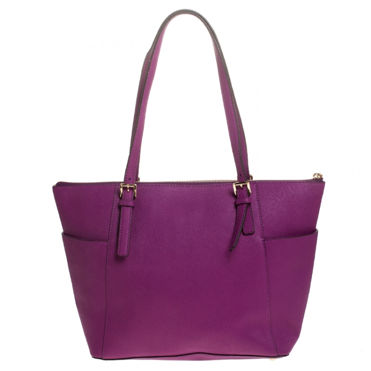Pre Owned Michael Michael Kors Purple Saffiano Leather Top Zip Jet Set Tote