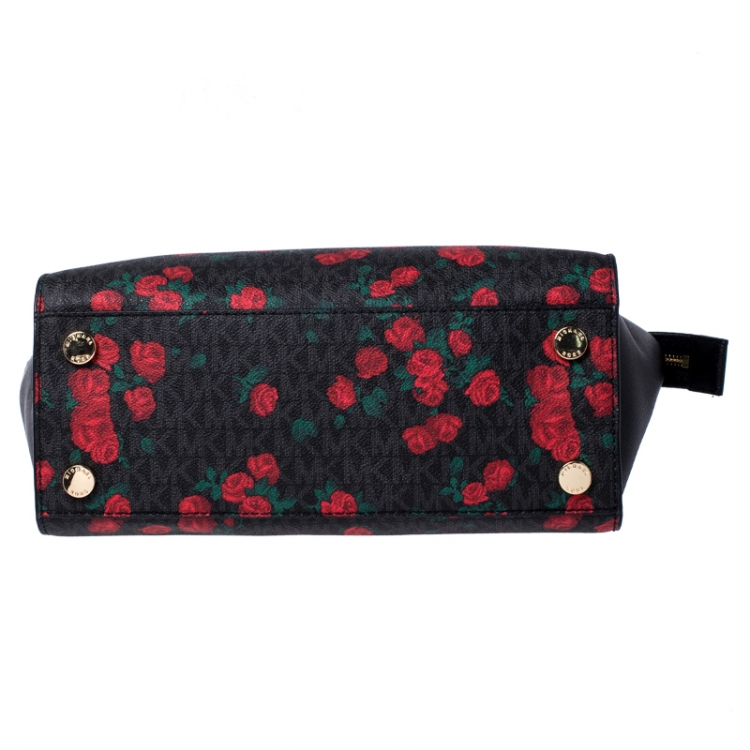 Pre Owned MICHAEL Michael Kors Black/Red Rose Printed Signature Leather Medium Selma Tote